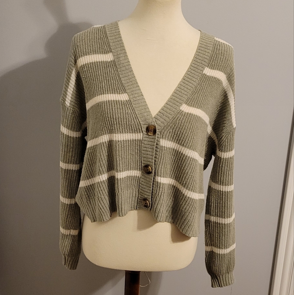 American Eagle Outfitters Olive Green and White Striped Cropped Cardigan